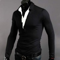 Polo manches longues Classic Style Double col Fashion noir